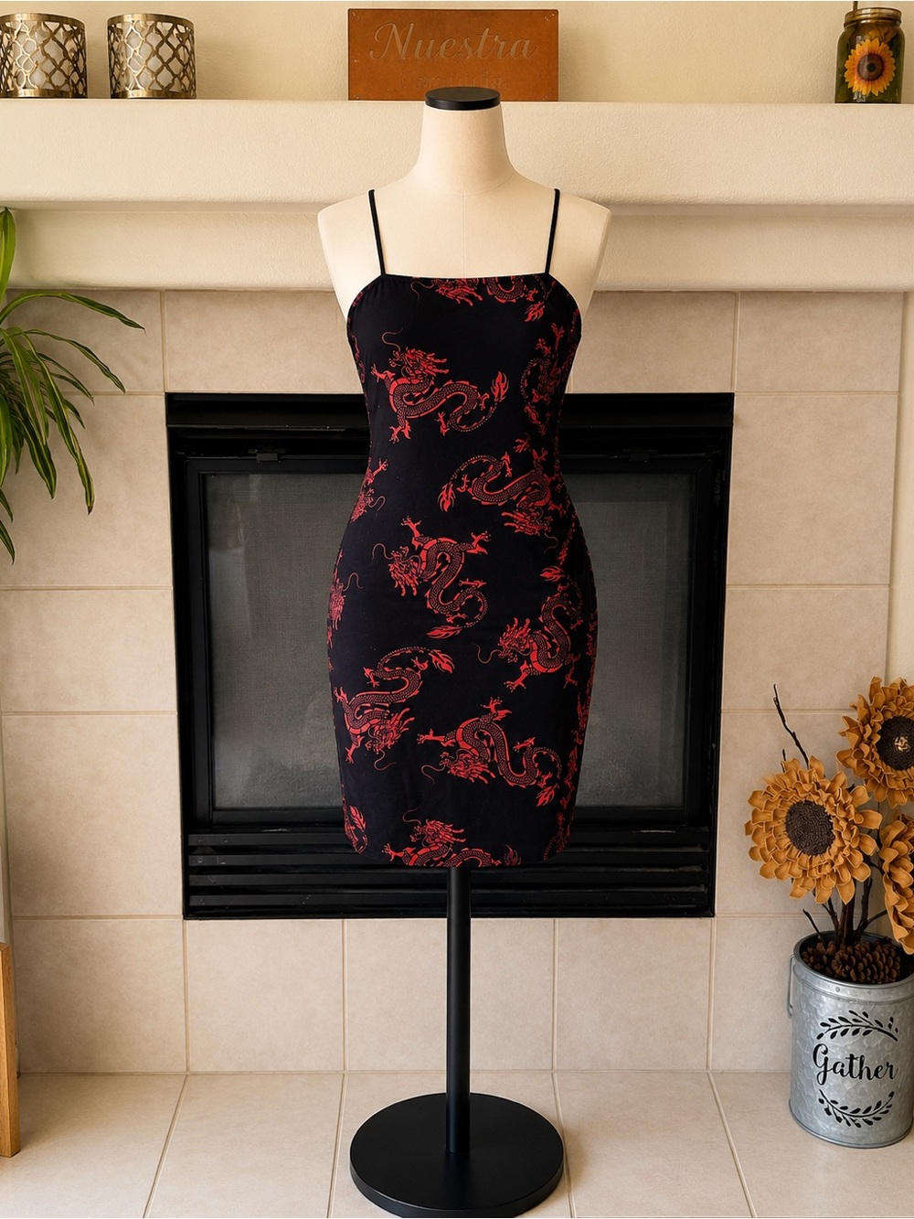 Bear Dance Black Mini Dress with Red Dragon Print